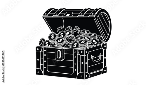 Silhouette of an open treasure chest filled with gold coins and jewels