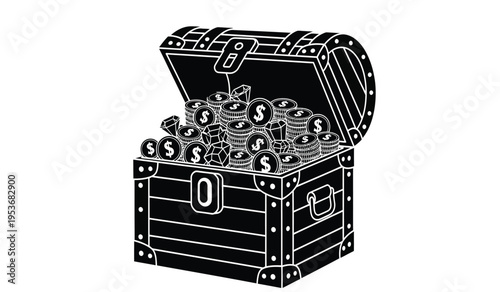 Treasure chest silhouette with coins and jewels spilling out
