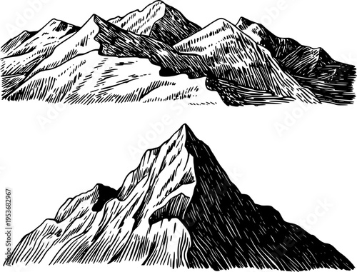 Hand Drawn Black And White Mountain Range Peaks And Single Summit mountains