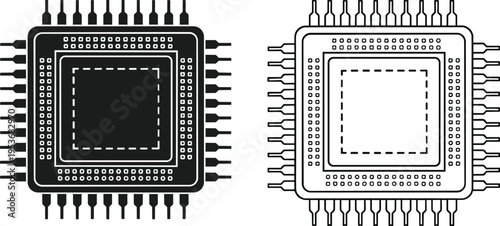 Set of computer processor CPU icons in silhouette and outline styles representing microchip technology, hardware engineering, artificial intelligence, and computing.