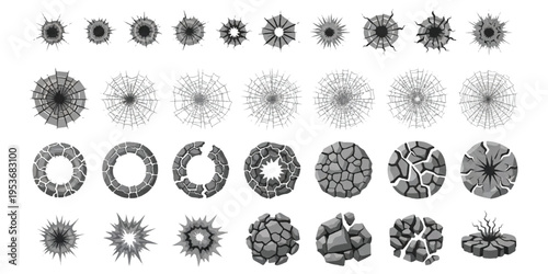 Set of cracked earth bullet holes in glass and shattered concrete stone destruction elements vector illustration