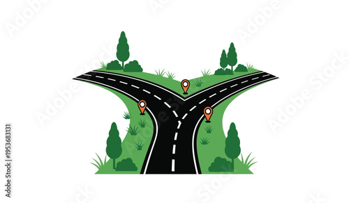 A silhouette of a road diverging into two paths through a forest with trees on a white background