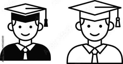 Set of graduate student icons in silhouette and outline styles representing academic achievement, graduation ceremony, higher education, and university success.