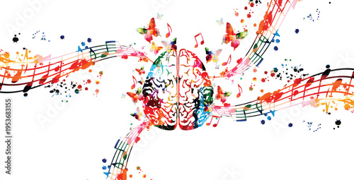 Stunning Human Brain with Music Notes and Butterflies - All the Feels Creative Inspiration Vector