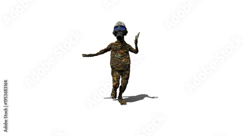 Wallpaper Mural 3D Weird Goofy Character in Dirt Moss Costume and Gas Mask, Running Loop, Front View, against white background Torontodigital.ca
