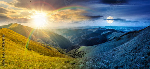 panoramic image of rolling alpine mountain ridge. day meet night. sun and moon over gorgeous summer landscape with hillside meadow under cloudy sky. remote vista with distant valley and forested slope
