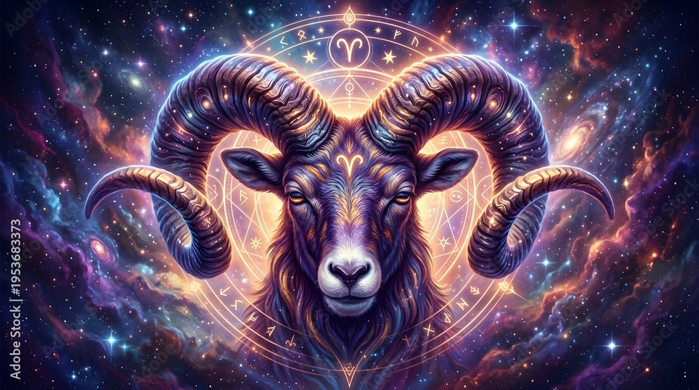 Obraz premium Mystical Aries Ram with Cosmic Background and Zodiac Symbols