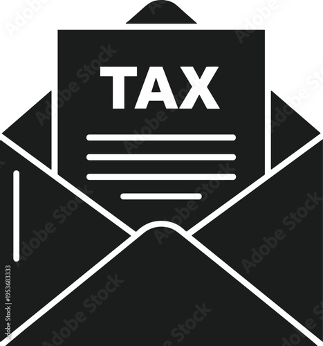 Black tax icon of an open envelope with document representing financial billing, IRS notification, income tax return, and government correspondence.