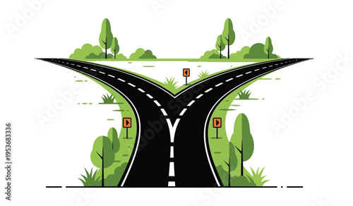 Fork in the road silhouette with trees and highway signs