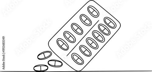 Outline of a blister pack of pills spilling out onto a surface medicine healthcare