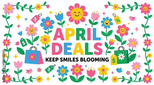 April Deals Promotion with Blooming Flowers and Shopping Bags