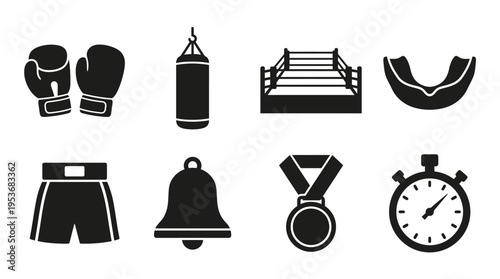 Boxing & Combat Sports Vector Icon Set – Dynamic Vectors Featuring Gloves, Rings, Punching Bags, Shorts, Mouthguards, Timers, Bells, and Victory Medals