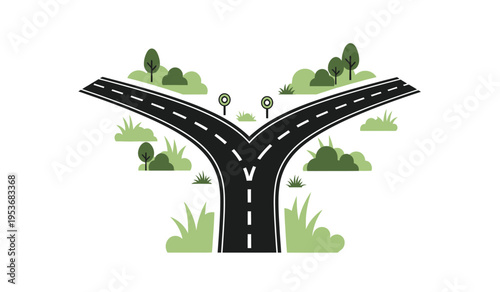A fork in the road with a silhouette of trees and grass on a white background illustration