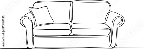 Minimalist black line of a comfortable sofa with a single cushion a white background