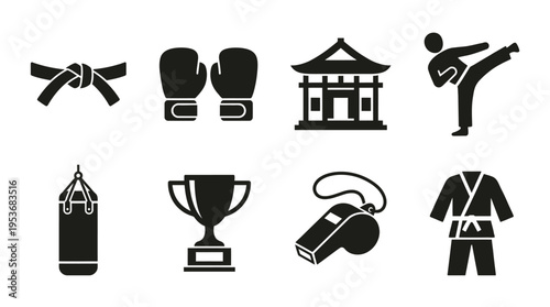 Martial Arts & Combat Training Vector Icon Set – Powerful Vectors Featuring Belts, Gloves, Punching Bags, Uniforms, Kicks, Whistles, Trophies, and Dojo Gates