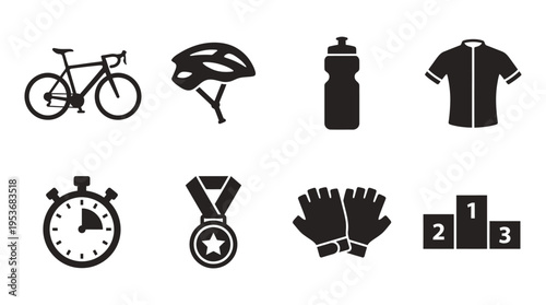 Cycling & Endurance Sports Vector Icon Set – Active Vectors Featuring Bicycles, Helmets, Water Bottles, Jerseys, Gloves, Medals, Timers, and Podiums