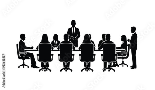 Business meeting in a conference room with people sitting around a table silhouette
