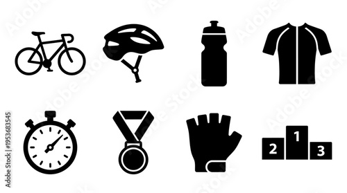 Cycling & Endurance Sports Vector Icon Set – Active Vectors Featuring Bicycles, Helmets, Water Bottles, Jerseys, Gloves, Medals, Timers, and Podiums