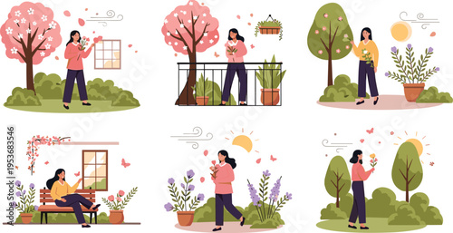 People Gardening Set with Plant Care Activities, Watering, Pruning and Growing Flowers, Outdoor Lifestyle Scenes in Flat Vector Illustration for Nature and Hobby Design