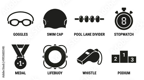 Swimming & Aquatic Sports Vector Icon Set – Clean Vectors Featuring Goggles, Swim Caps, Lane Dividers, Lifebuoys, Whistles, Stopwatches, Medals, and Podiums