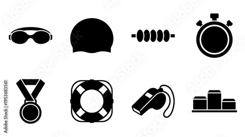 Swimming & Aquatic Sports Vector Icon Set – Clean Vectors Featuring Goggles, Swim Caps, Lane Dividers, Lifebuoys, Whistles, Stopwatches, Medals, and Podiums