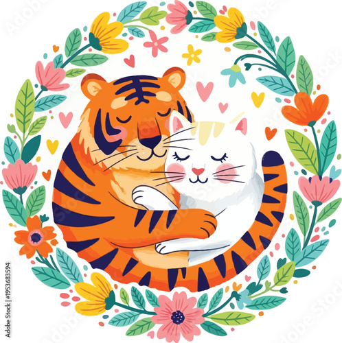 A tiger and a cat cuddling in a floral wreath