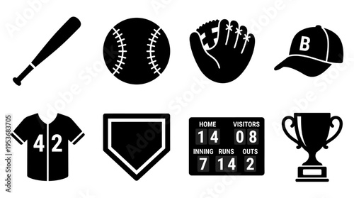 Baseball & Team Sports Vector Icon Set – Classic Vectors Featuring Bats, Balls, Gloves, Caps, Jerseys, Scoreboards, Base Plates, and Championship Trophies