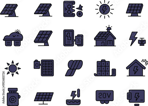 Solar photovoltaic icons vector set, renewable energy illustration, eco electricity technology design, sustainable power generation and storage system artwork