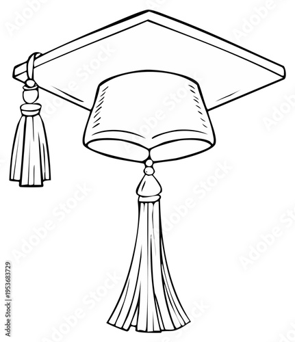 Graduation mortarboard and tassel, monochrome vector illustration, education design
