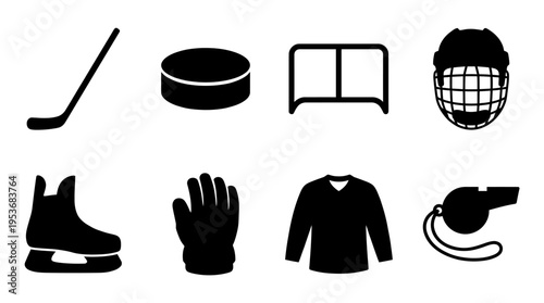 Ice Hockey & Winter Sports Vector Icon Set – Powerful Vectors Featuring Sticks, Pucks, Helmets, Gloves, Skates, Whistles, Jerseys, Goals, and Protective Gear