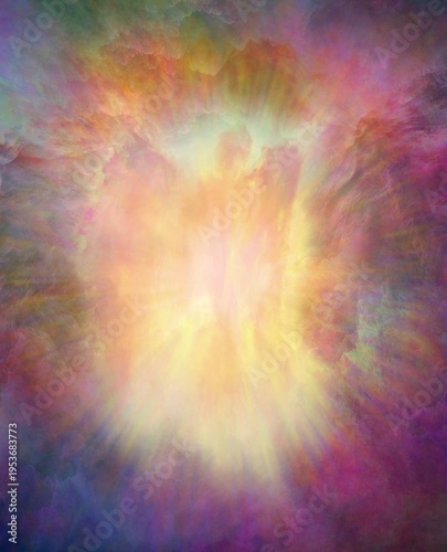 Mixed Media spiritual vision of a radiant Guardian Angel, created manually with digital enhancement, not AI generated.