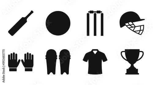 Cricket & Team Sports Vector Icon Set – Classic Vectors Featuring Bats, Balls, Helmets, Gloves, Pads, Jerseys, Stumps, Scoreboards, and Trophies