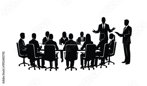 Business meeting in a conference room with presenter and audience silhouette
