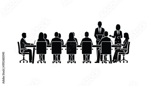 Business meeting in a conference room with people sitting around a table silhouette