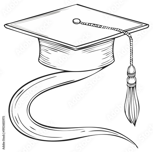 Graduation cap with tassel and flowing banner line art illustration