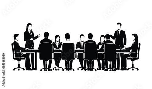 Business meeting in a conference room with people sitting and standing in silhouette
