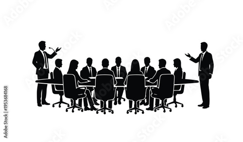 Business meeting silhouette of corporate team and leaders in conference room setting