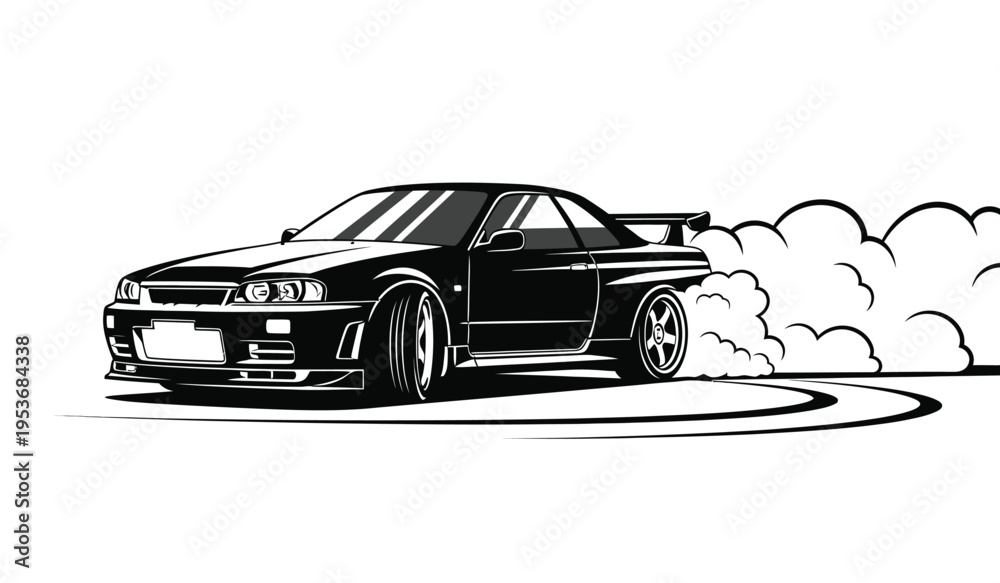 Naklejka premium Silhouette of a sleek black sports car drifting on a track with smoke