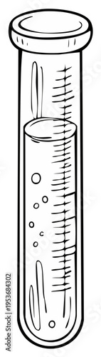 Scientific test tube filled with bubbling liquid and clear measurement markings in a line art illustration