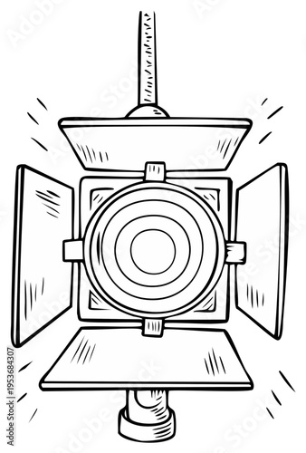 Vintage spotlight with barn doors illuminating the scene with radiating light