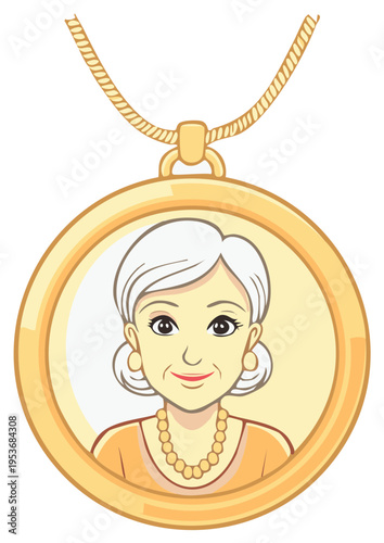 Happy senior woman illustration in classic gold locket pendant with pearl necklace