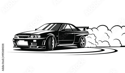 Silhouette of a sleek black sports car drifting on a track with smoke