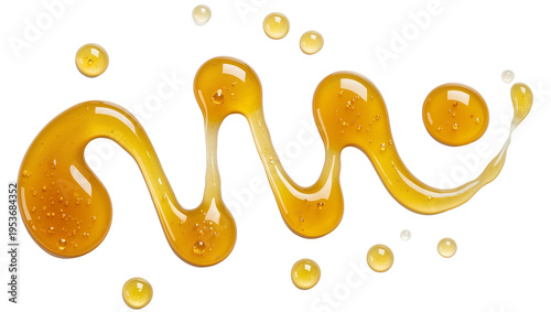 Tableau sur toile Golden viscous honey or maple syrup stream with scattered drops, isolated on tra