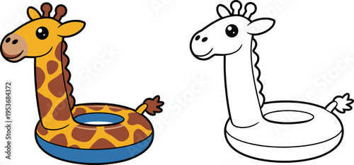Cartoon giraffe pool float illustration, children’s coloring activity page, summer swimming toy design, cute inflatable animal vector art conceptCartoon giraffe pool float illustration, children’s col