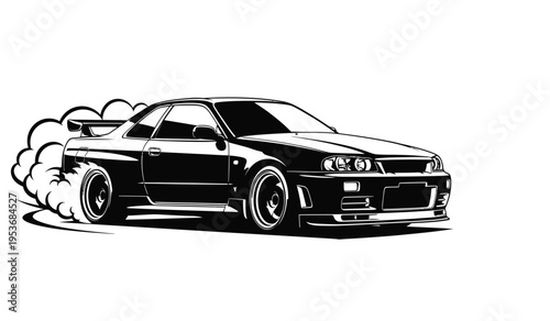 Silhouette of a sleek black sports car with smoke from tires speeding fast on a white background