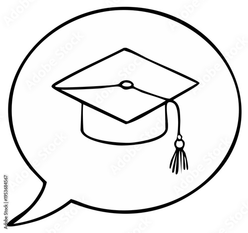 Graduation cap icon within speech bubble symbolizing educational thought and academic ideas, promoting scholarly pursuit and learning dialogues