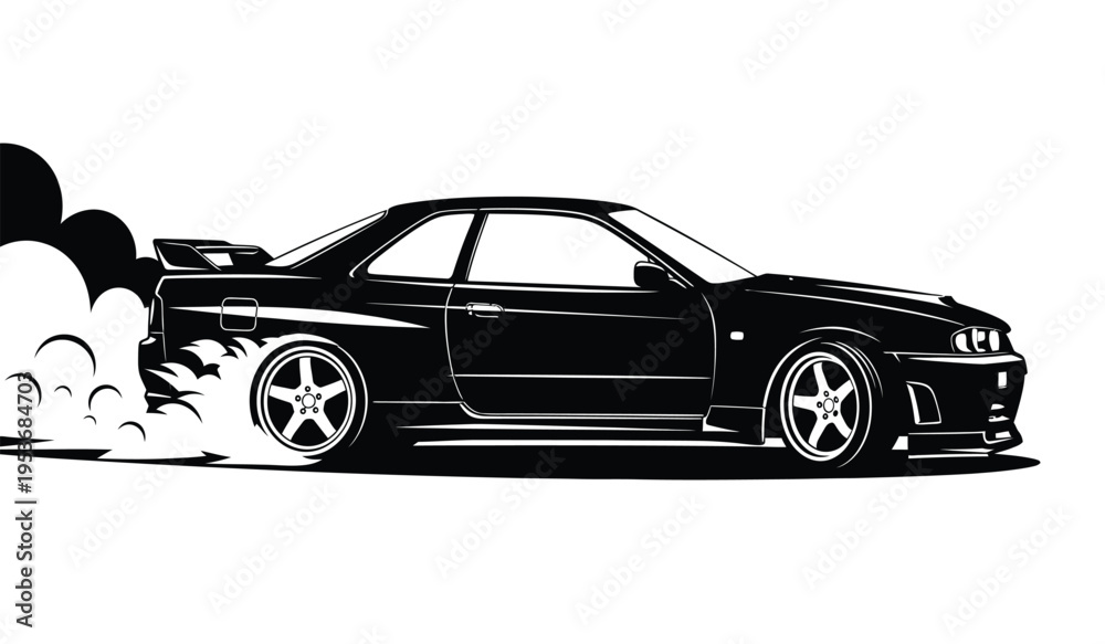Naklejka premium Silhouette of a sleek black sports car in motion with smoke from tires dynamic racing scene