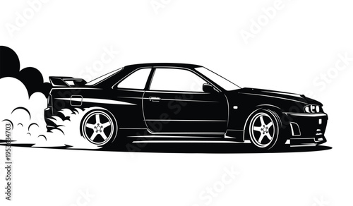 Silhouette of a sleek black sports car in motion with smoke from tires dynamic racing scene