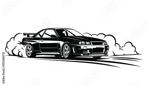 Silhouette of a car drifting on a track with smoke