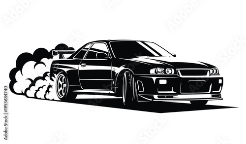 Silhouette of a sleek black sports car speeding with smoke trailing behind